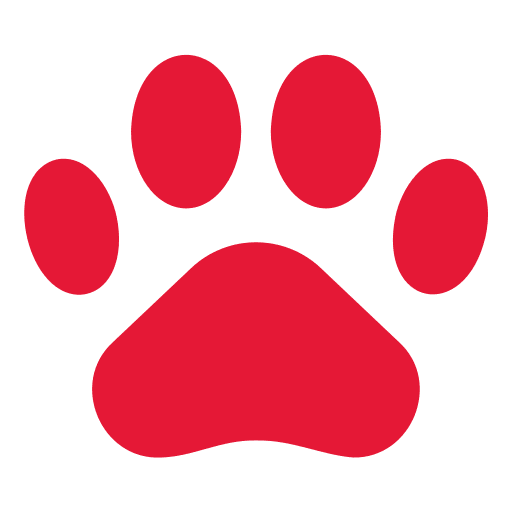 A red paw print on a green background